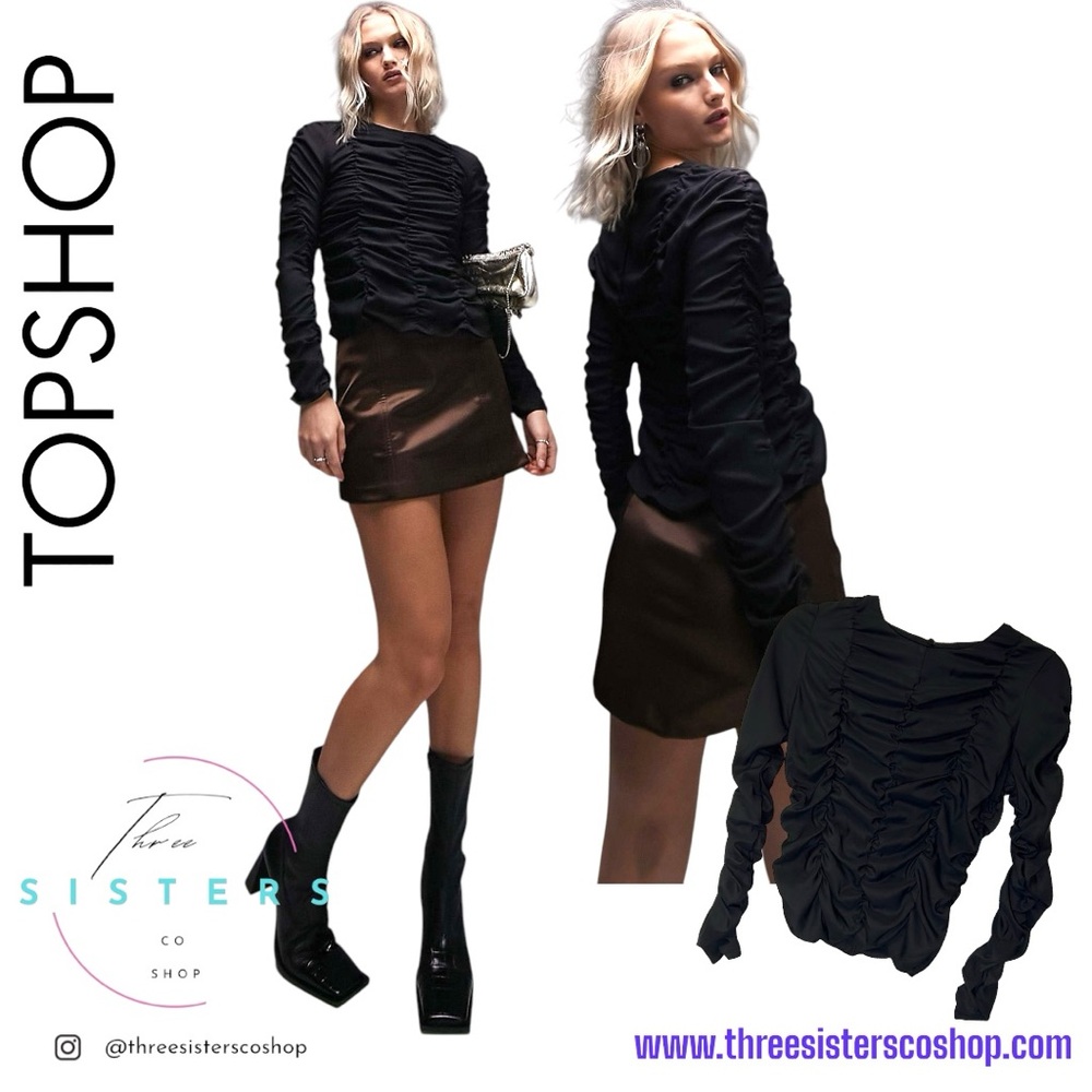 ASOS Topshop ruched long sleeve shirred top in black